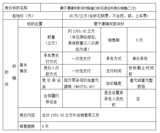 DBSXS-2021-010 磨子潭鎮(zhèn)宋家河村隧道口砂石混合料競價銷售(二次)競價公告