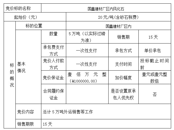 DBSXS-2021-019 國鑫建材廠區(qū)內(nèi)風化石競價銷售競價公告