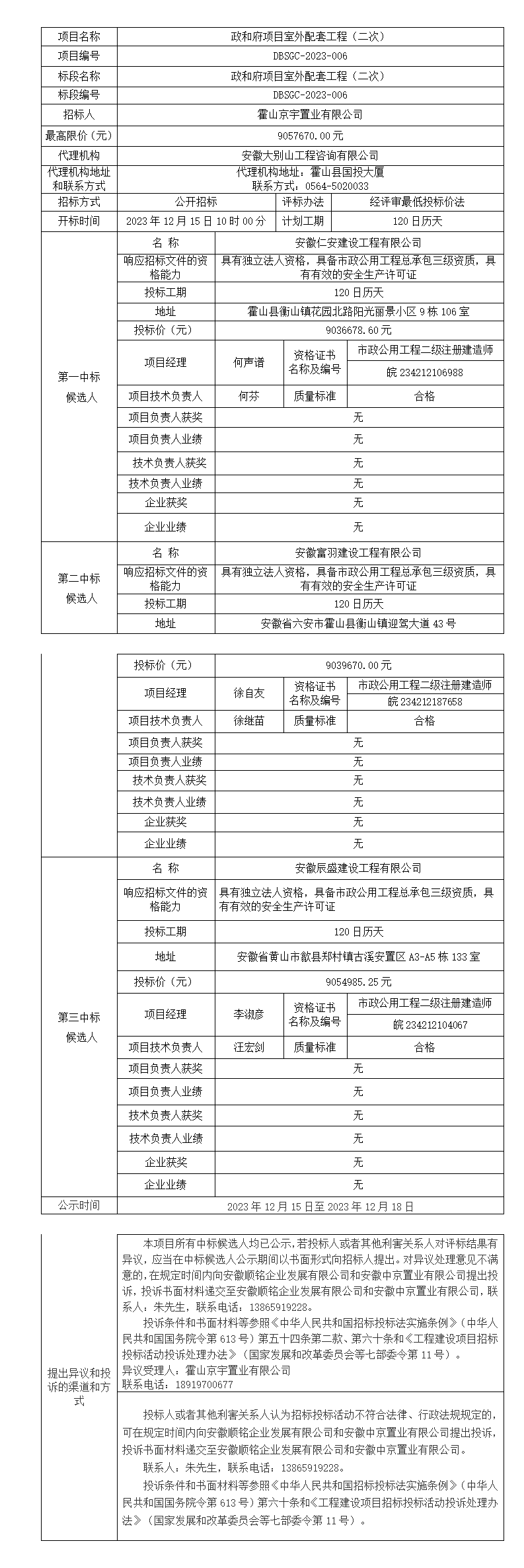 DBSGC-2023-006 政和府項目室外配套工程（二次）中標(biāo)候選人公示